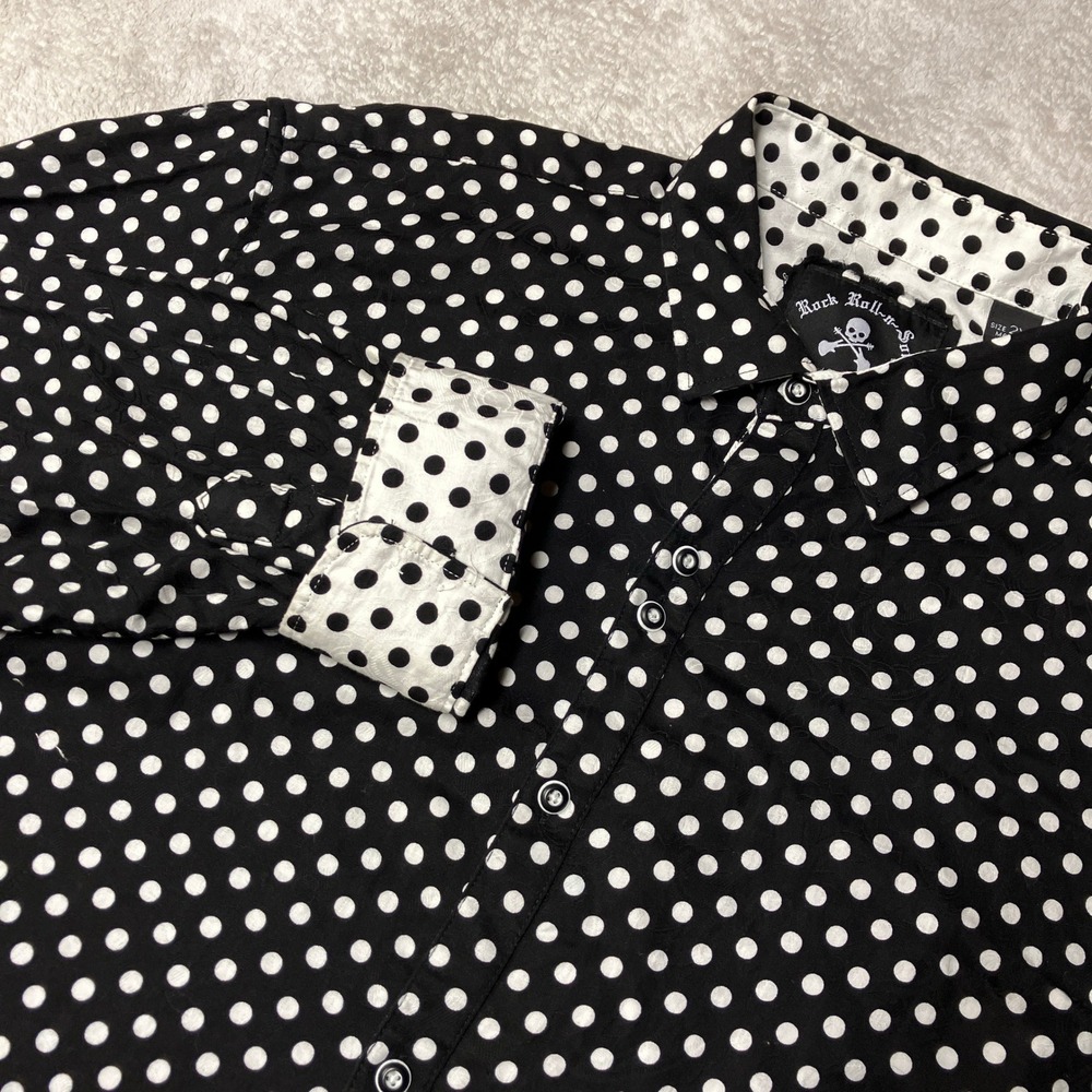 Rock Roll n Soul Polka Dot Button Up Shirt Black White Long Sleeve Mens 2XL